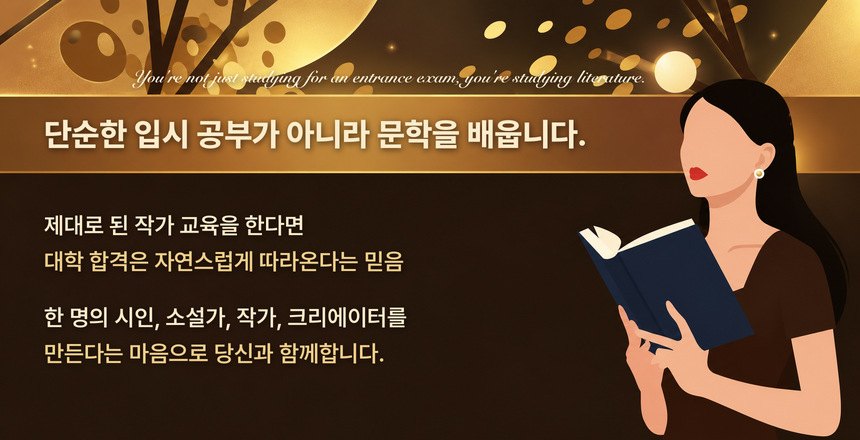 단순한 입시 공부가 아니라 문학을 배웁니다. 제대로 된 작가 교육을 한다면 대학 합격은 자연스럽게 따라온다는 믿음으로 한 명의 시인, 소설가, 작가, 크리에이터를 만든다는 마음으로 함께합니다.