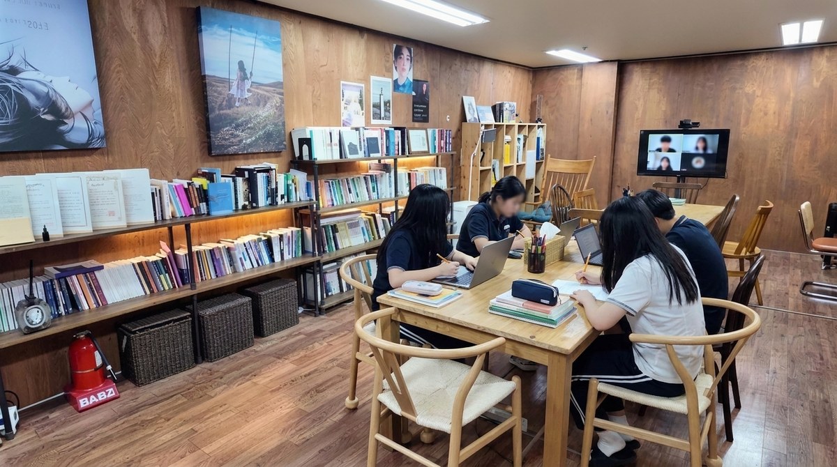 원목 벽 교실에서 학생들이 책이 쌓인 테이블에 앉아 수업을 듣고, 앞의 대형 화면에 원격 학생들의 화상 화면이 연결된 모습(재현 이미지)